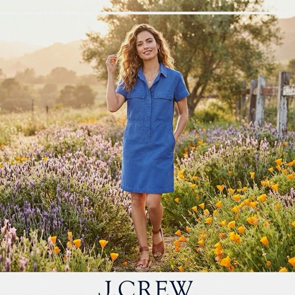 J Crew Blue Utility Shirt Dress Sz 6 Lyocell Twill Button Front Pockets Collared